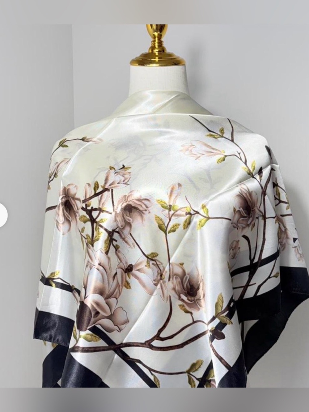 Elegant Floral Satin Scarf Top - White Floral